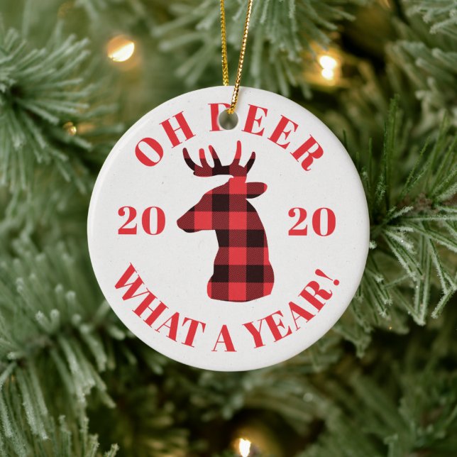 Oh Deer What a Year 2020 Buffalo Plaid Christmas Ceramic Tree Decoration (Tree)