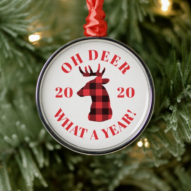 Oh Deer What a Year 2020 Buffalo Plaid Metal Tree Decoration (Tree)