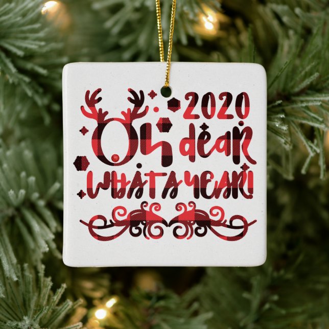 Oh Deer What a Year 2020 Red Buffalo Plaid Ceramic Ornament (Tree)
