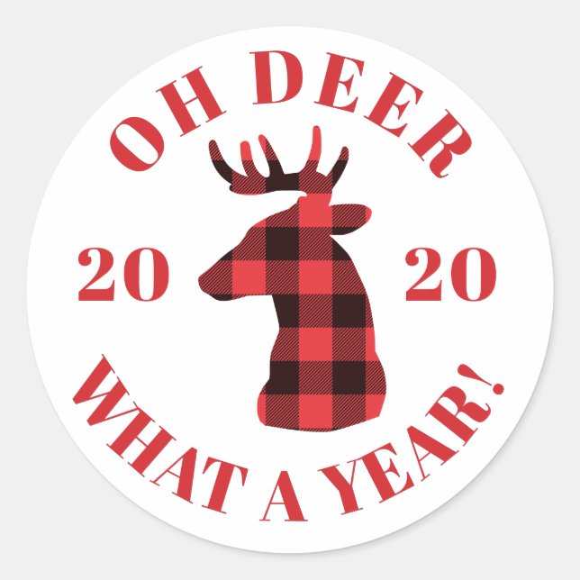 Oh Deer What a Year Buffalo Plaid 2020 Holidays Classic Round Sticker (Front)