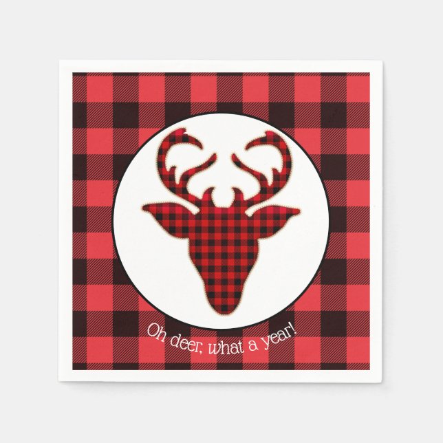 Oh Deer What a Year Buffalo Plaid Christmas Napkin (Front)