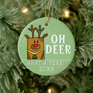 Oh Deer What a Year Cartoon Deer Drawing Ceramic Tree Decoration