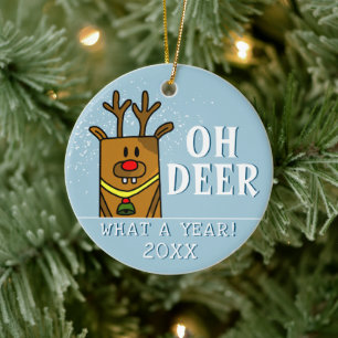 Oh Deer What a Year Cartoon Deer Drawing Ceramic Tree Decoration