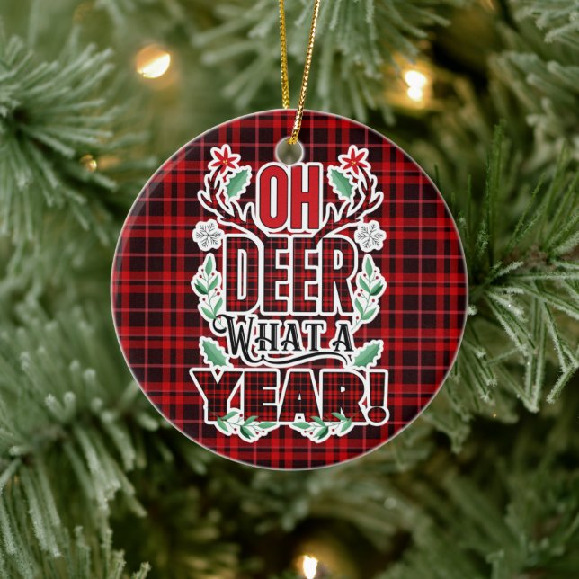 Oh Deer What a Year Christmas Photo Ceramic Tree Decoration (Tree)