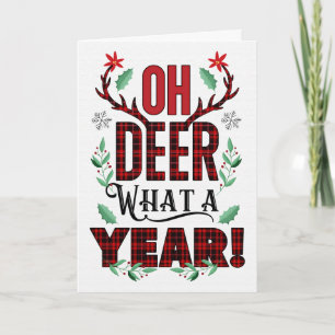 Oh DEER What a Year Christmas Tartan Typography Holiday Card