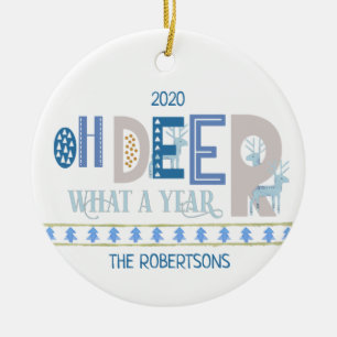 Oh Deer What a Year Fun Christmas Blue Ceramic Tree Decoration
