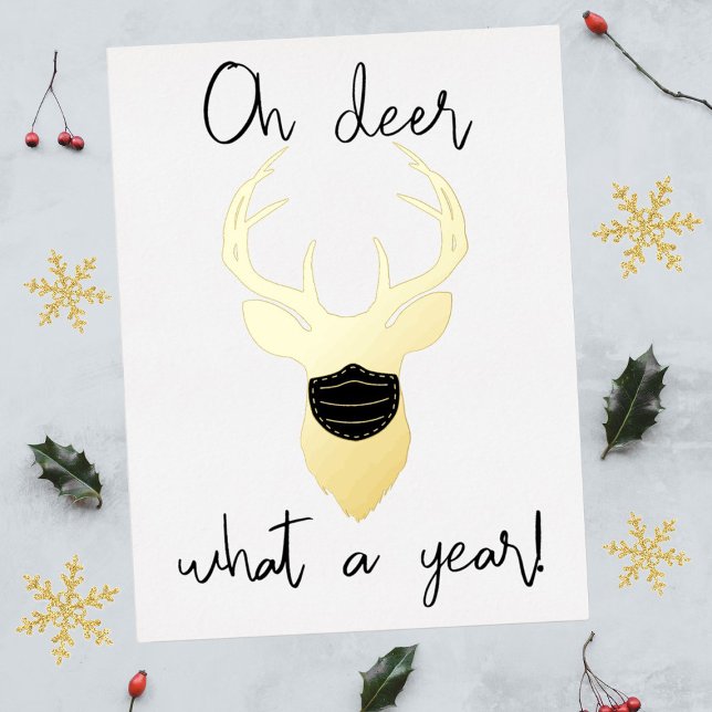 Oh Deer, What A Year! Funny Christmas Real Foil Holiday Postcard (Creator Uploaded)