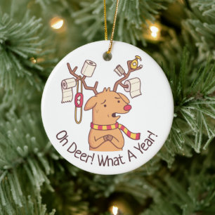Oh Deer, What A Year, Funny Reindeer Christmas Ceramic Tree Decoration