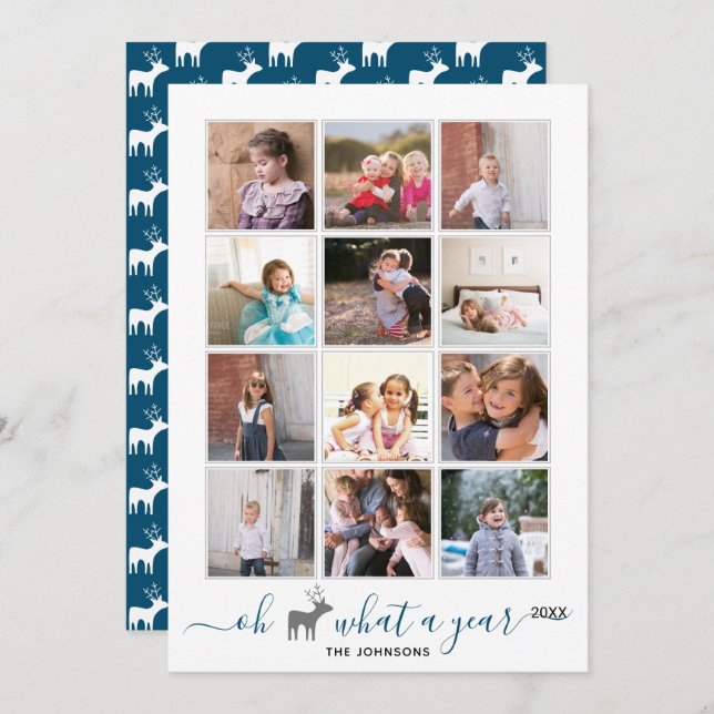 Oh deer what a year in review photo collage blue holiday card (Front/Back)