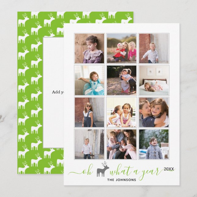 Oh deer what a year in review photo collage green holiday card (Front/Back)