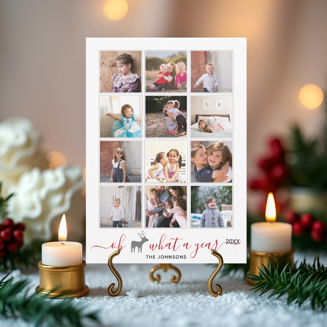 Oh deer what a year in review photo collage red holiday card (Creator Uploaded)