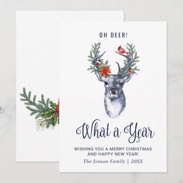 Oh Deer What a Year Merry Christmas Greeting Holiday Card (Front/Back)