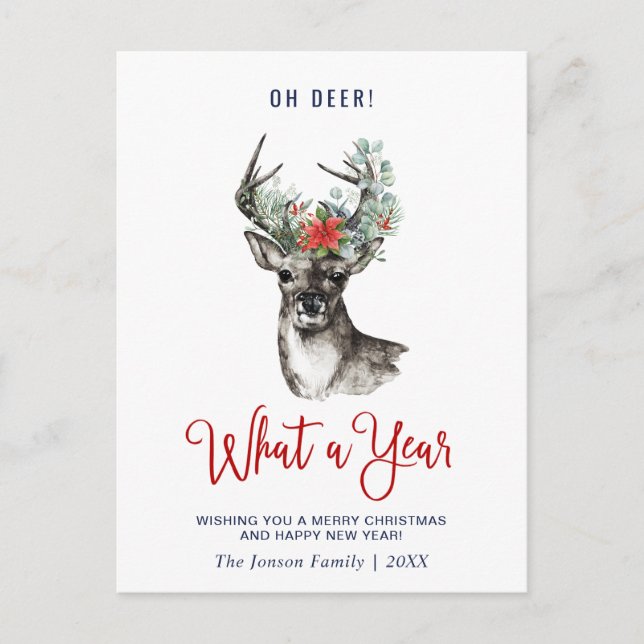 Oh Deer What a Year Merry Christmas Greeting Holiday Postcard (Front)