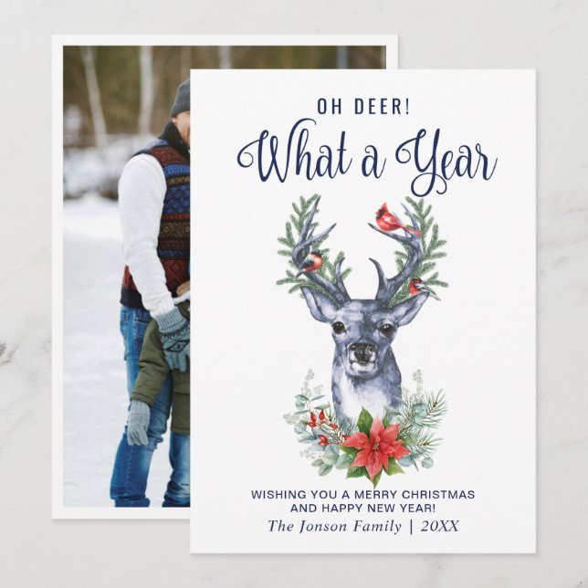 Oh Deer What a Year Merry Christmas Greeting PHOTO Holiday Card (Front/Back)