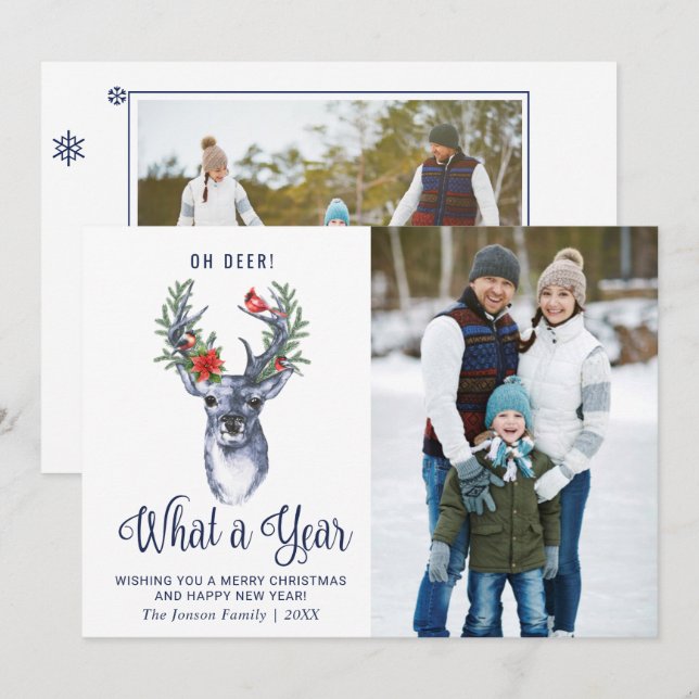 Oh Deer What a Year Merry Christmas Greeting PHOTO Holiday Card (Front/Back)