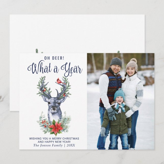Oh Deer What a Year Merry Christmas Greeting PHOTO Holiday Card (Front/Back)