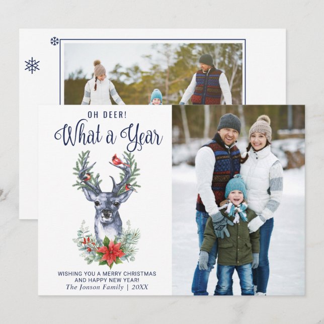 Oh Deer What a Year Merry Christmas Greeting PHOTO Holiday Card (Front/Back)