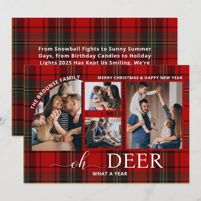 Oh Deer What a Year Plaid Christmas Photo Collage  Holiday Card (Front/Back)