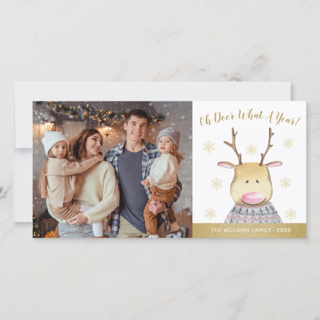 Oh Deer What A Year Quote Family Photo Holiday Card (Front)