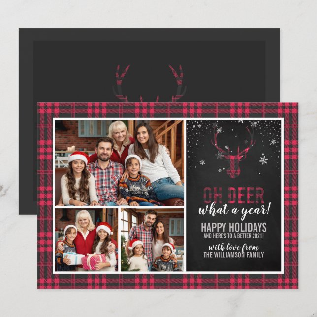 Oh Deer What A Year! | Red Plaid 3 Photo Christmas Invitation (Front/Back)