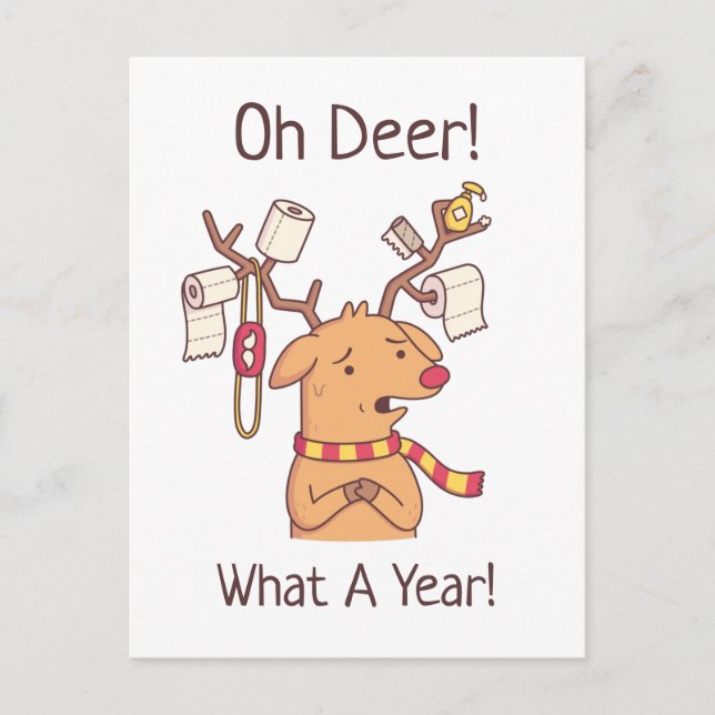 Oh Deer, What A Year, Reindeer and Toilet Paper Postcard (Front)