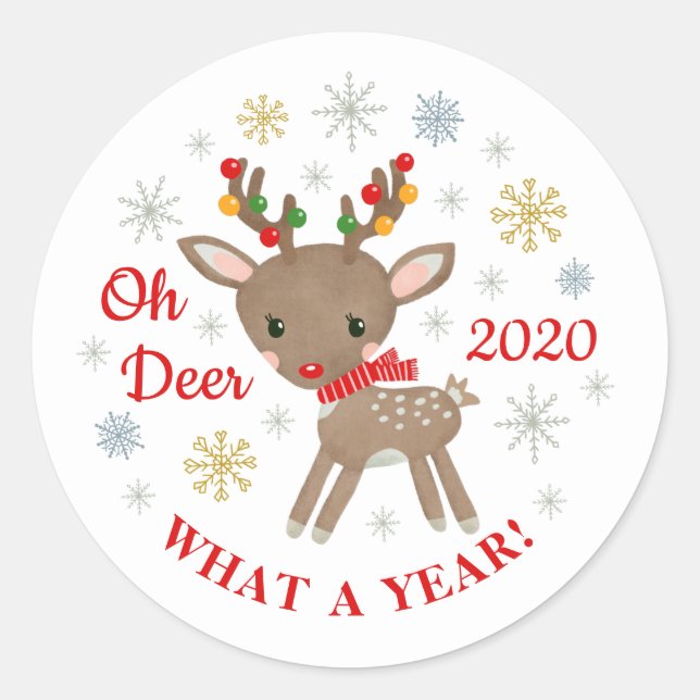 Oh Deer What A Year Reindeer Christmas Holiday Classic Round Sticker (Front)