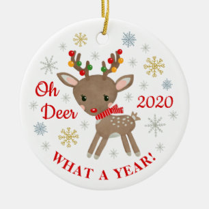 Oh Deer What A Year Reindeer Cute Christmas Ceramic Tree Decoration