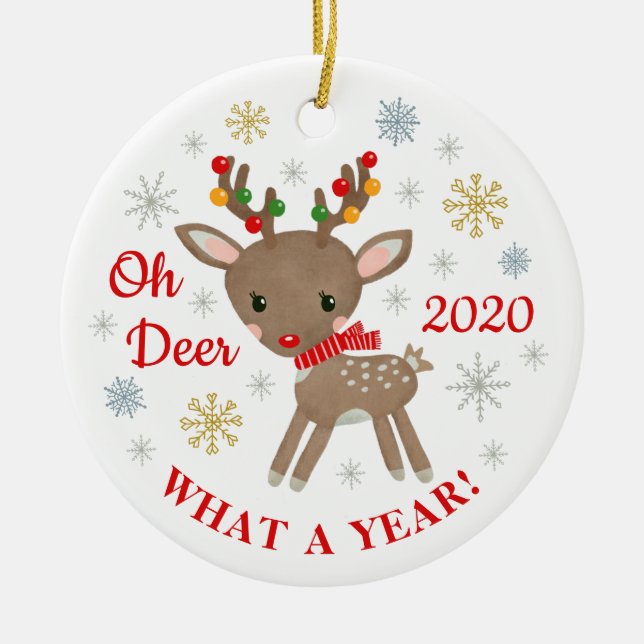 Oh Deer What A Year Reindeer Cute Christmas Ceramic Tree Decoration (Front)