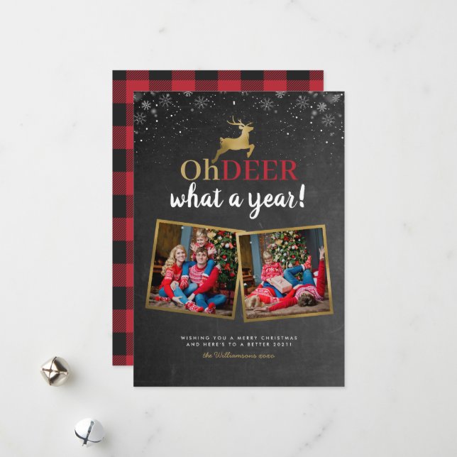 Oh Deer What A Year! Tartan Chalkboard 2 Photo Holiday Card (Front/Back In Situ)