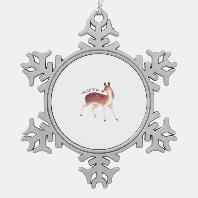 Oh Deer Whimsical Creative Design  Snowflake Pewter Christmas Ornament (Front)