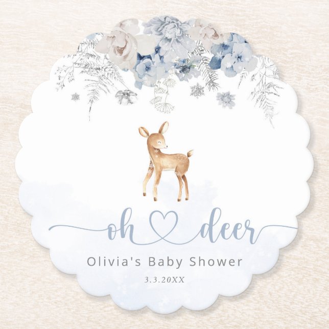 Oh deer winter blue boy baby shower paper coaster (Front)