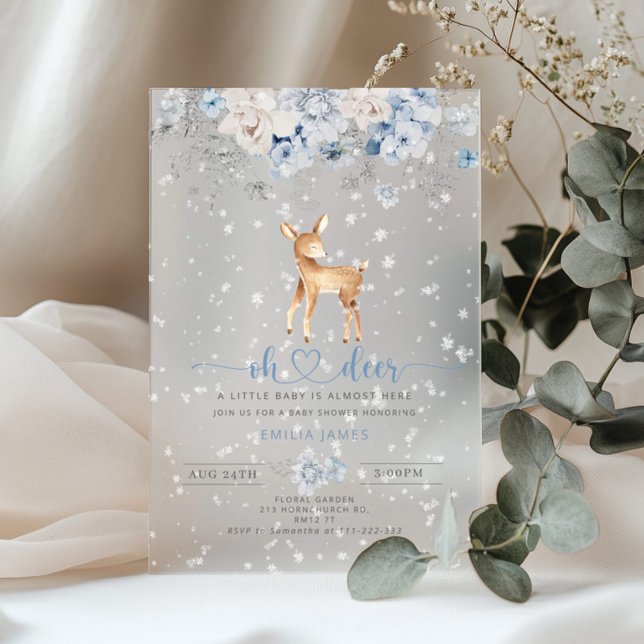 Oh Deer Winter blue snow Bow Baby Shower Acrylic Invitations (Creator Uploaded)