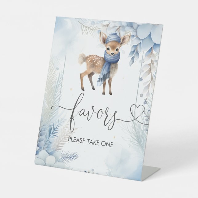 Oh Deer Winter Boy Baby Shower Favours Pedestal Sign (Front)