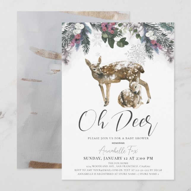 Oh Deer Winter Foliage & Red Berries Baby Shower Invitation (Front/Back)