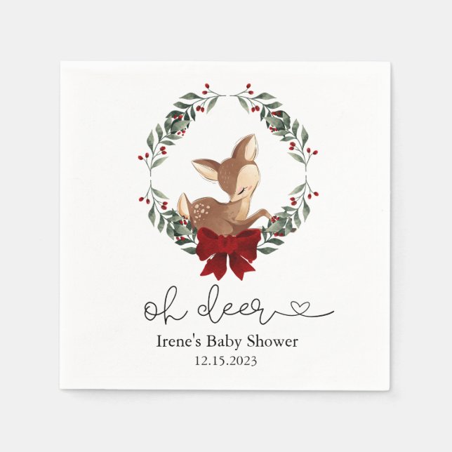 Oh Deer Winter Greenery Baby Shower Napkin (Front)