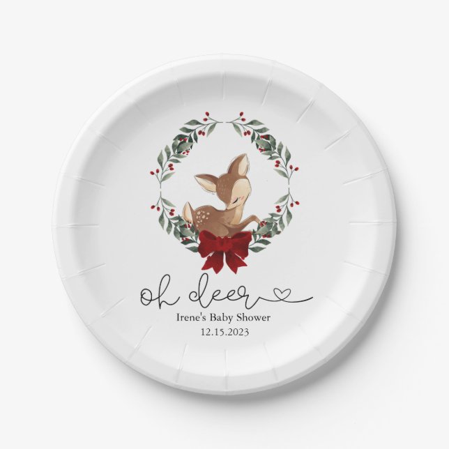 Oh Deer Winter Greenery Baby Shower Paper Plate (Front)