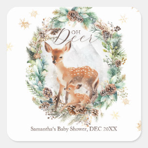Oh Deer Winter Woodland Snow Baby Shower Square Sticker