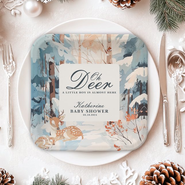 Oh Deer Winter Woodland Snowy Forest baby shower Paper Plate (Creator Uploaded)