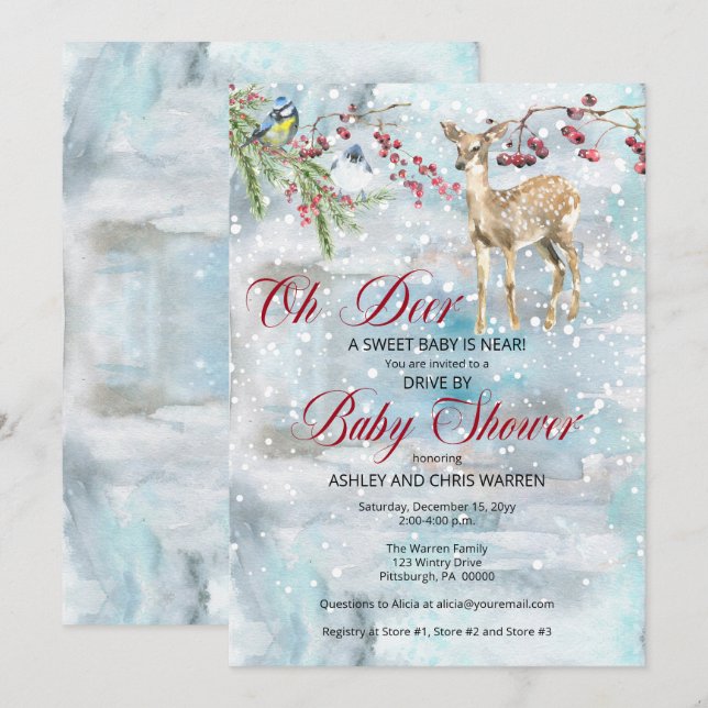 Oh Deer Woodland Animals Drive by Baby Shower Invitation (Front/Back)