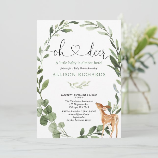 Oh Deer Woodland gender neutral baby shower Invitation (Standing Front)