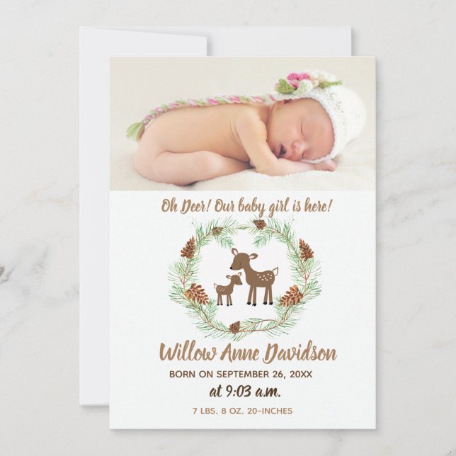 Oh Deer Woodland Nature Photo Birth Announcement (Front)