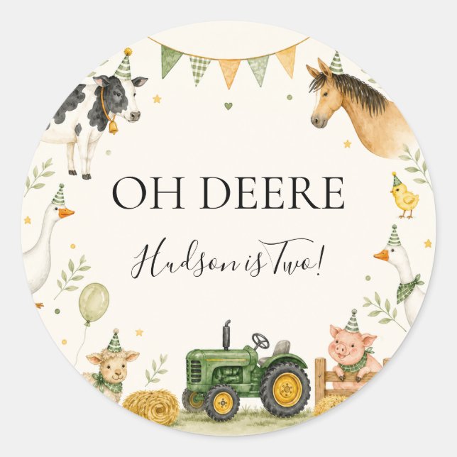 Oh Deere Farm First Birthday 3" Round Sticker  (Front)