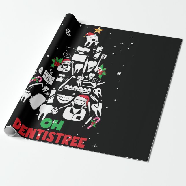 Oh Dentistree Dentist Teeth Christmas Tree Wrapping Paper (Unrolled)