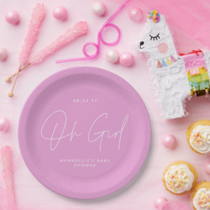 oh girl Baby shower bright cerise pink elegant  Paper Plate