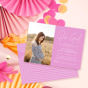 oh girl baby shower bright pink elegant photo invitation