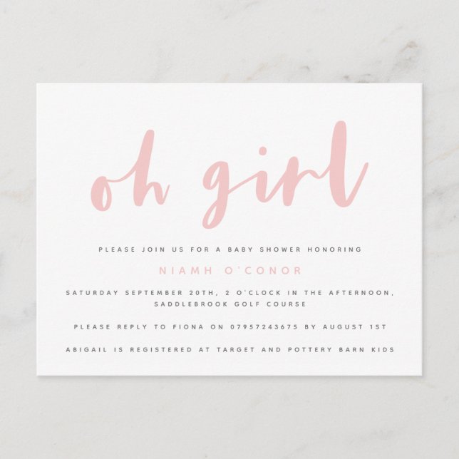 Oh girl baby shower postcard. invitation postcard (Front)