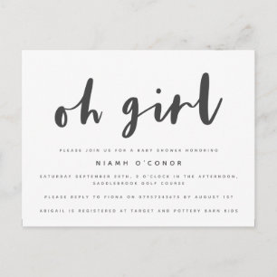 Oh girl baby shower postcard. invitation postcard