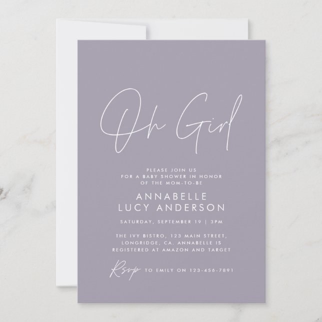 oh girl baby shower script baby purple elegant  invitation (Front)
