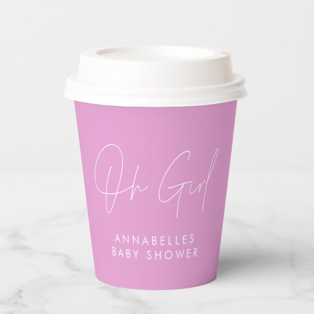 oh girl Baby shower script cerise pink elegant Paper Cups (Front)