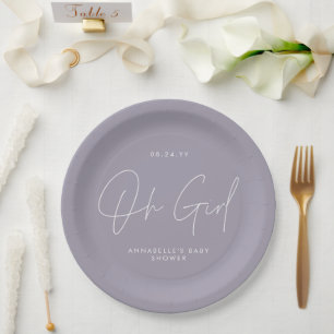 oh girl Baby shower script lilac purple elegant  Paper Plate